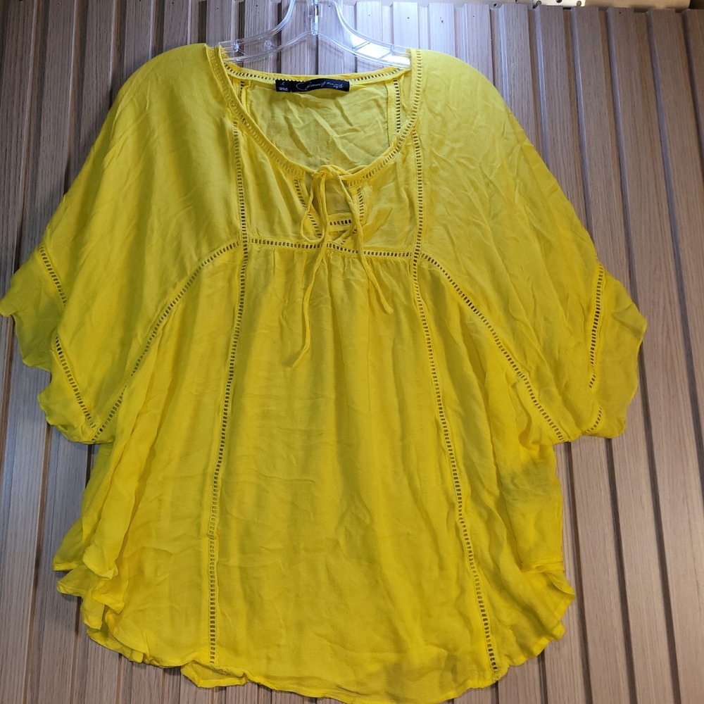 Patterson J Kincaid Yellow Rayon Ladder Lace Tie Neck Boho Blouse Womens Large